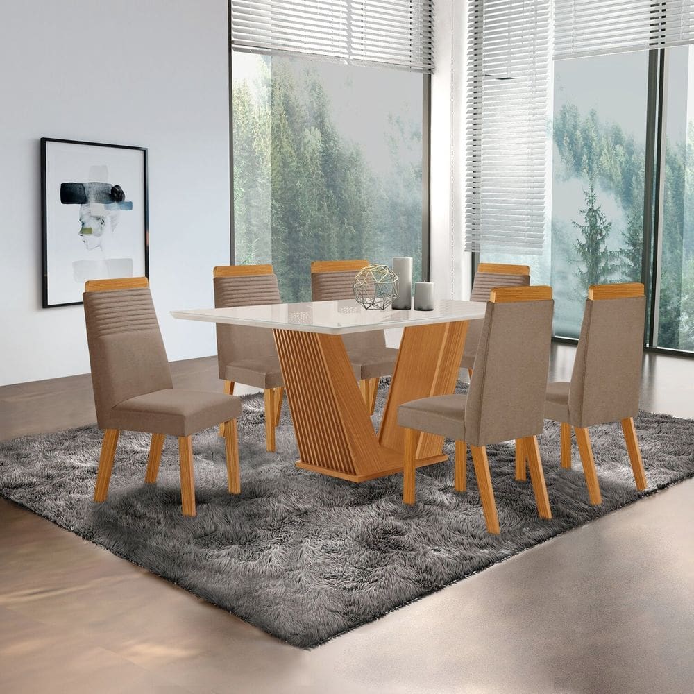 Conjunto de Jantar Mesa Maia Tampo Mdf e Vidro com 6 Cadeiras Catar Castanho Cinamomo/Creme/Off White