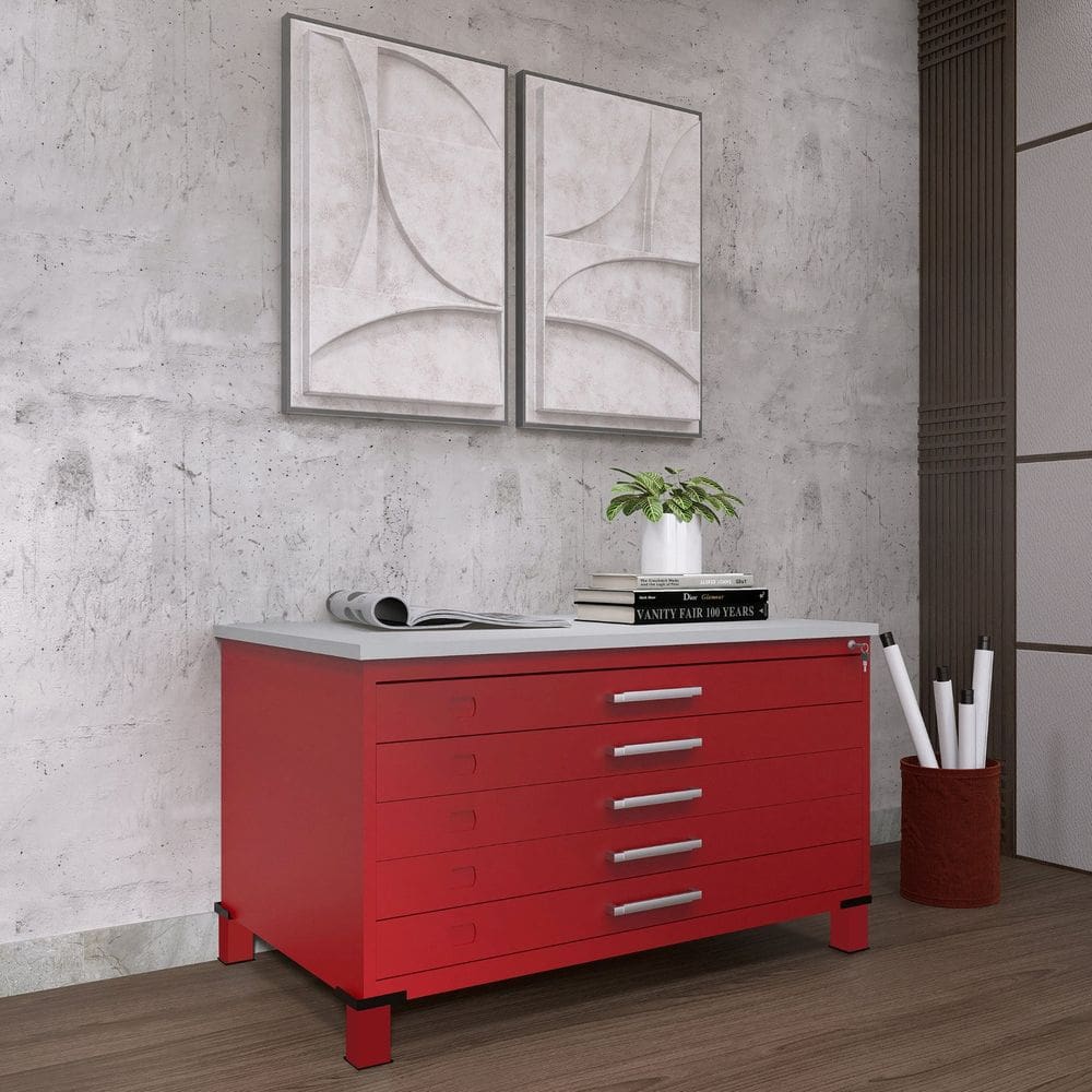Mapoteca Mont 5 Gavetas 71,3cm X 120,4cm Aço Vermelho / Cinza