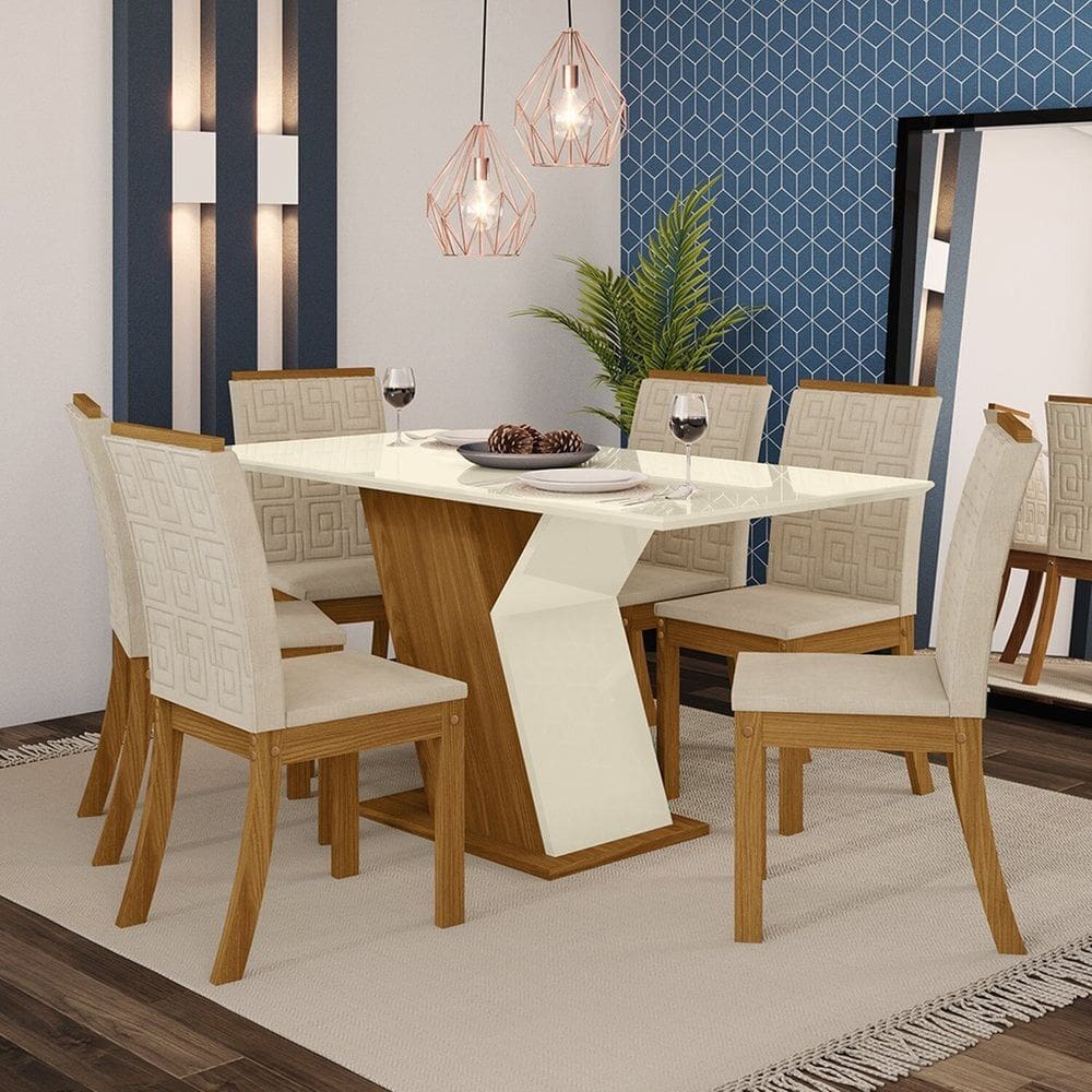 Conjunto Sala de Jantar Mesa 160cm com Vidro 6 Cadeiras Maisa Espresso Móveis Marrom/Off White