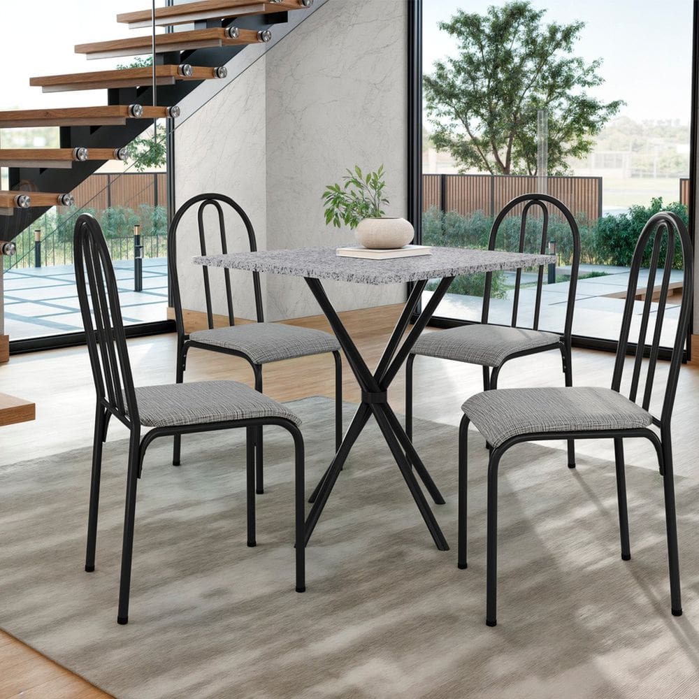 Conjunto Mesa com 4 Cadeiras e Tampo Quadrado Diamante Preto/Cinza