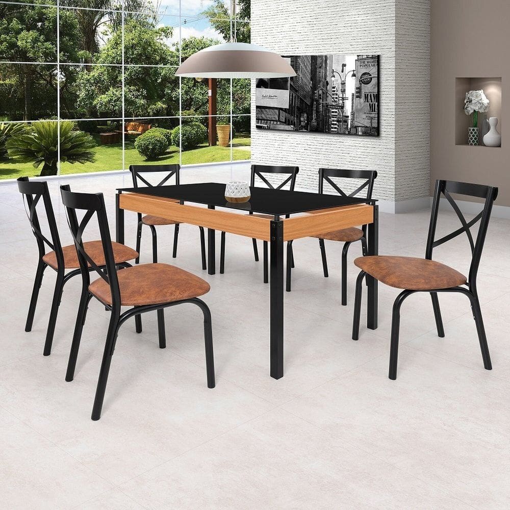 Conjunto Sala de Jantar Mesa 140cm X 77cm Tampo Vidro com 6 Cadeiras Karina Preto fosco / Caramelo
