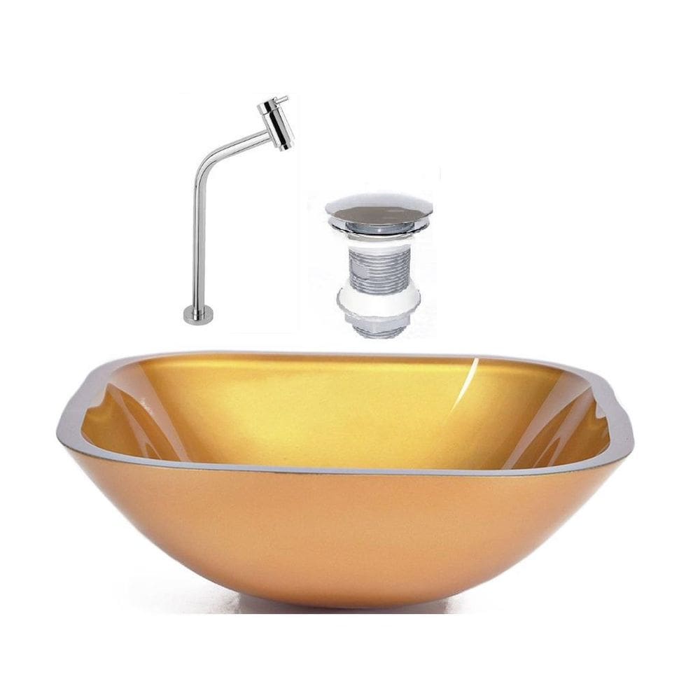 Cuba Quadrada 35Cm Dourado Real + Valvula + Torneira Metal