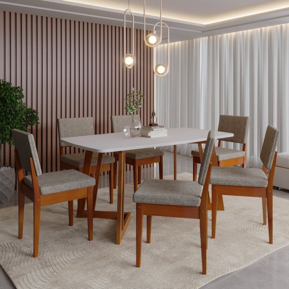 Conjunto para Sala de Jantar Tampo Oval 170cm com 6 Cadeiras Madeira Maciça Miami Caramelo/Café/Off White