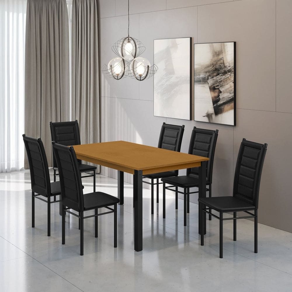 Mesa Monaco 160x78cm Tampo Mdf com 6 Cadeiras Tokio Preto / Marrom