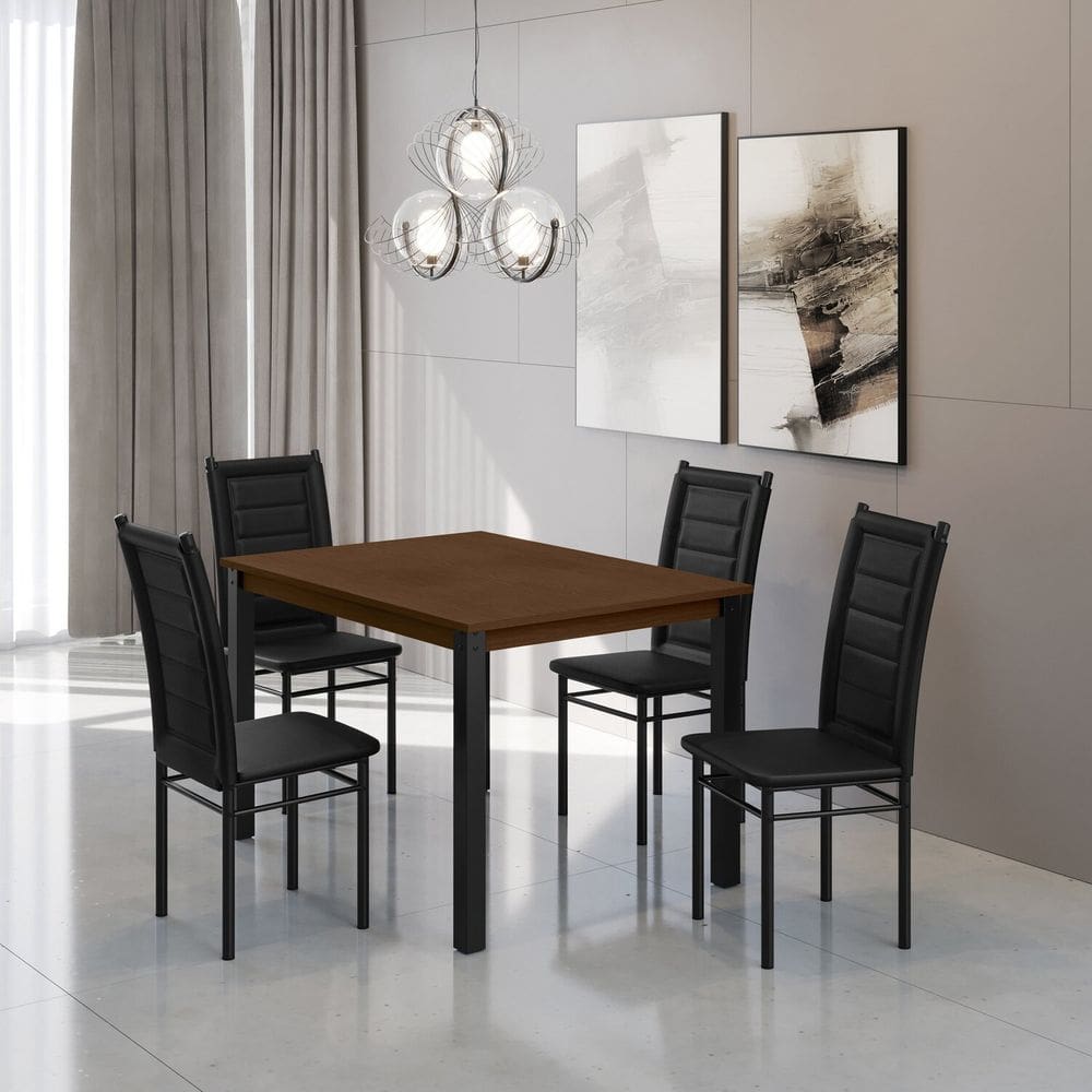 Mesa Monaco 120x78cm Tampo Mdf com 4 Cadeiras Tokio Preto / Freijó