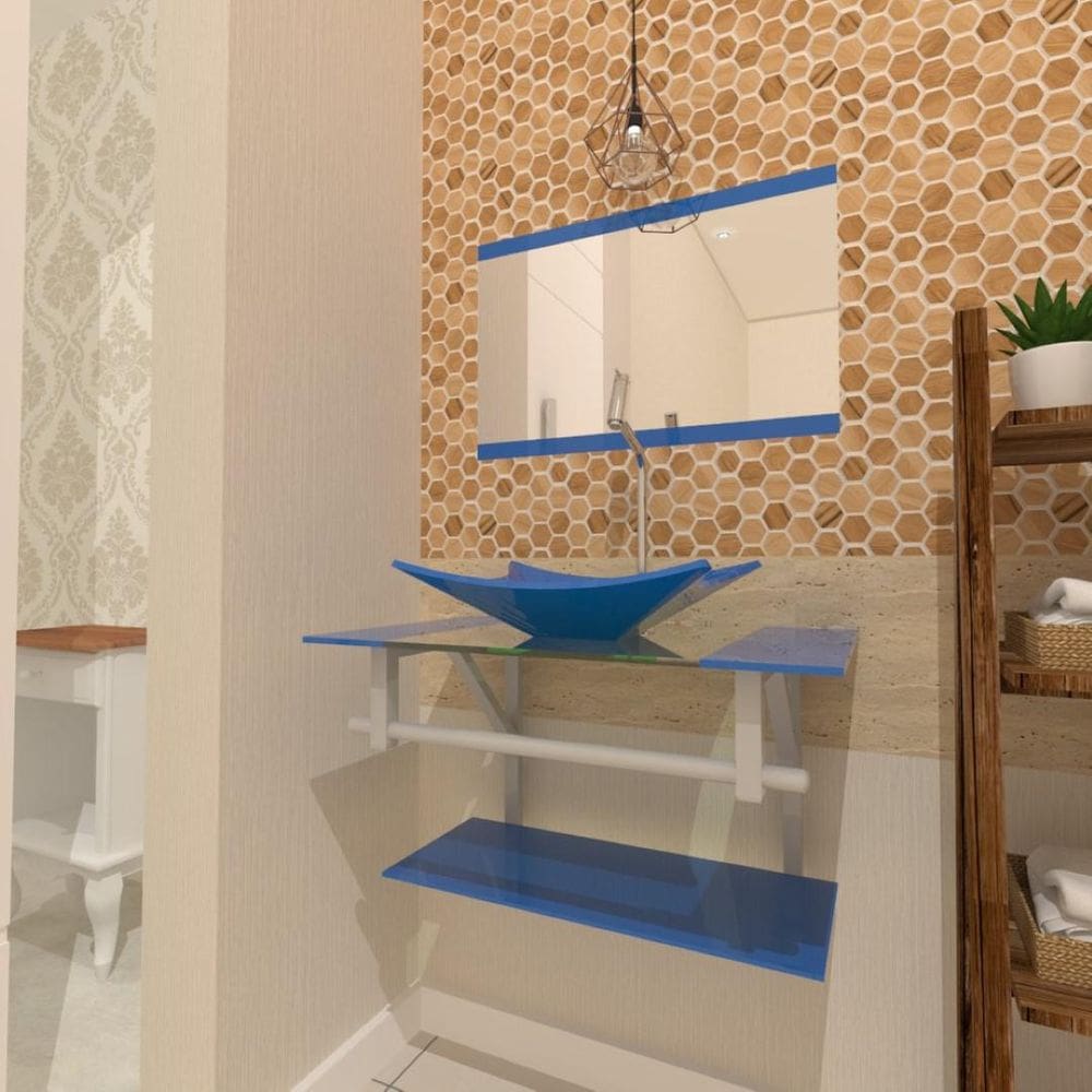 Gabinete De Vidro 60Cm Ac Com Cuba Retangular - Azul