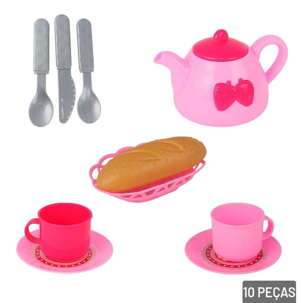 KIT Cozinha de Plástico 10 Peças Hora do Chá Rosa - Tudo em Caixa