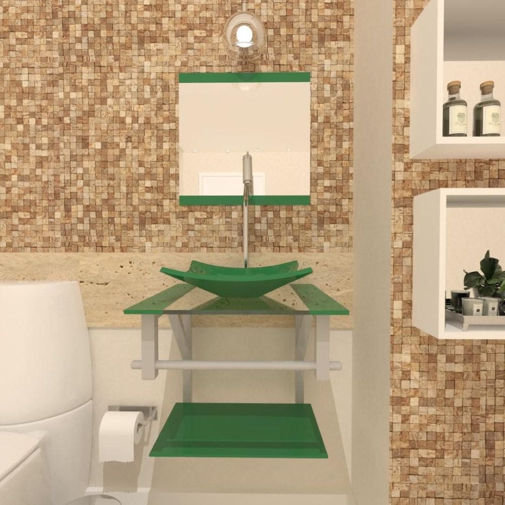 Gabinete De Vidro 40Cm Ac Com Cuba Quadrada Verde + Torneira