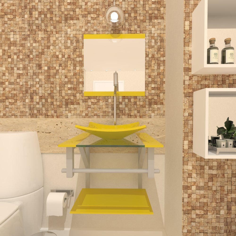 Gabinete Vidro 40Cm Ac Com Cuba Quadrada Amarelo + Torneira