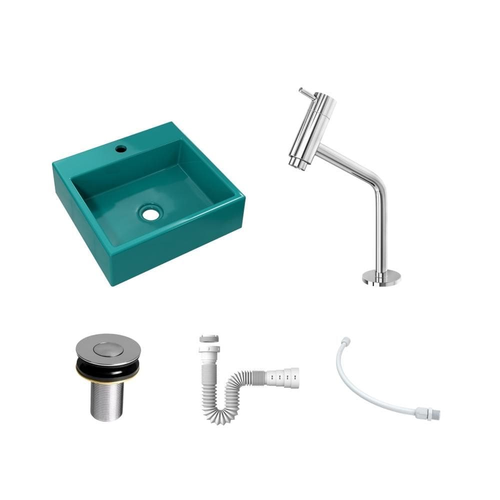 Kit Cuba Q395 C/Torneira Pratika 1060 Metal + Válvula Click 1``B (2,6cm) + Sifão Pvc + Flexível