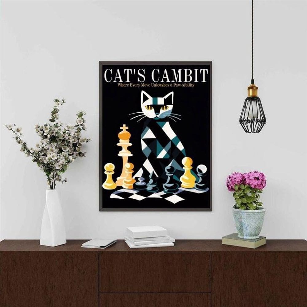 Quadro Decorativo Gato - Jogo Xadrez 24X18Cm