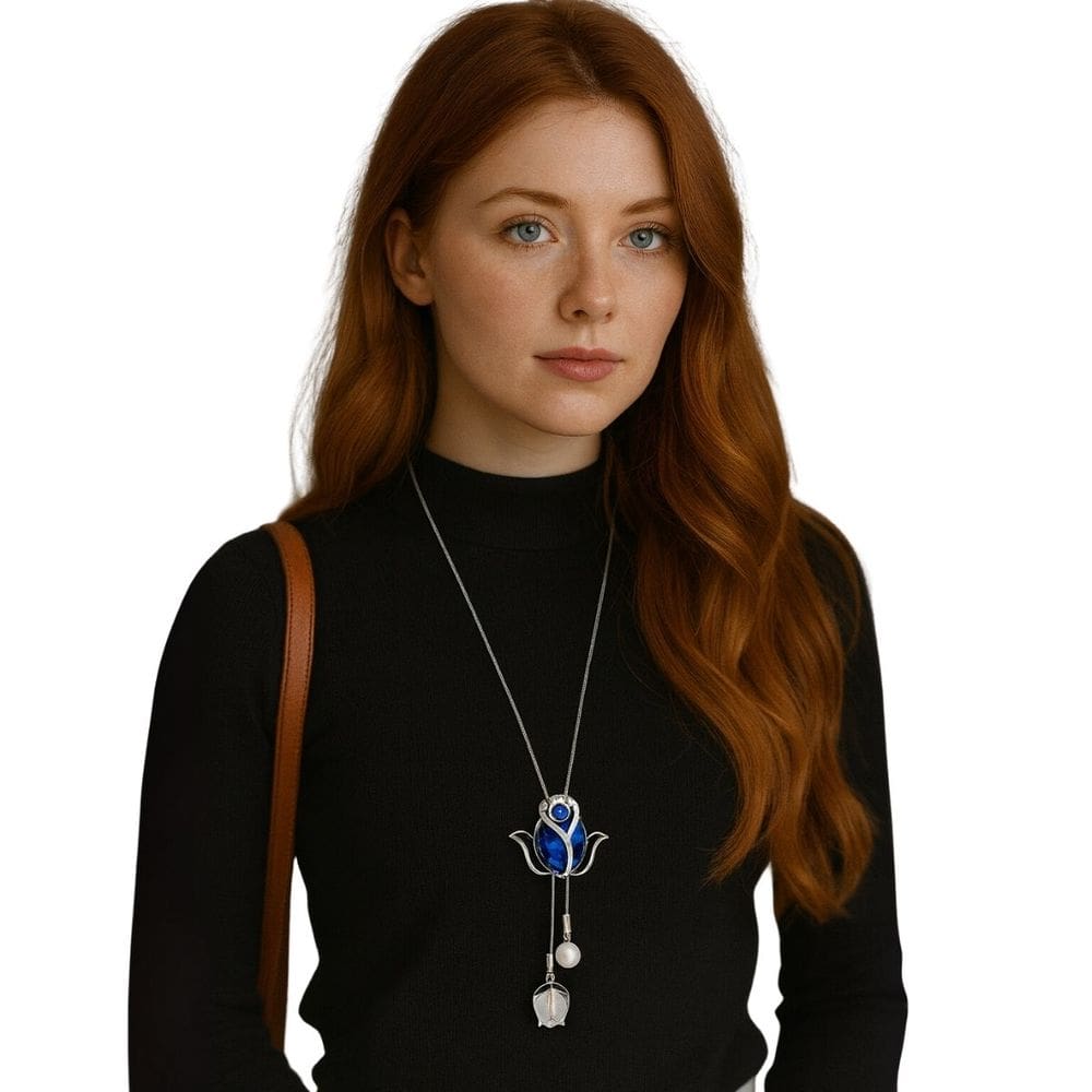 Colar Longo Flor Azul Pérola Festa Elegante Feminino Luxo