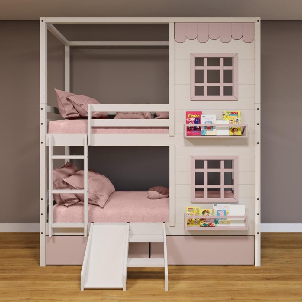 Beliche Casinha Reta 02 Janelas 02 Gavetas Rosa e Escorregador Madeira Maciça Branco/ Rosa Housin