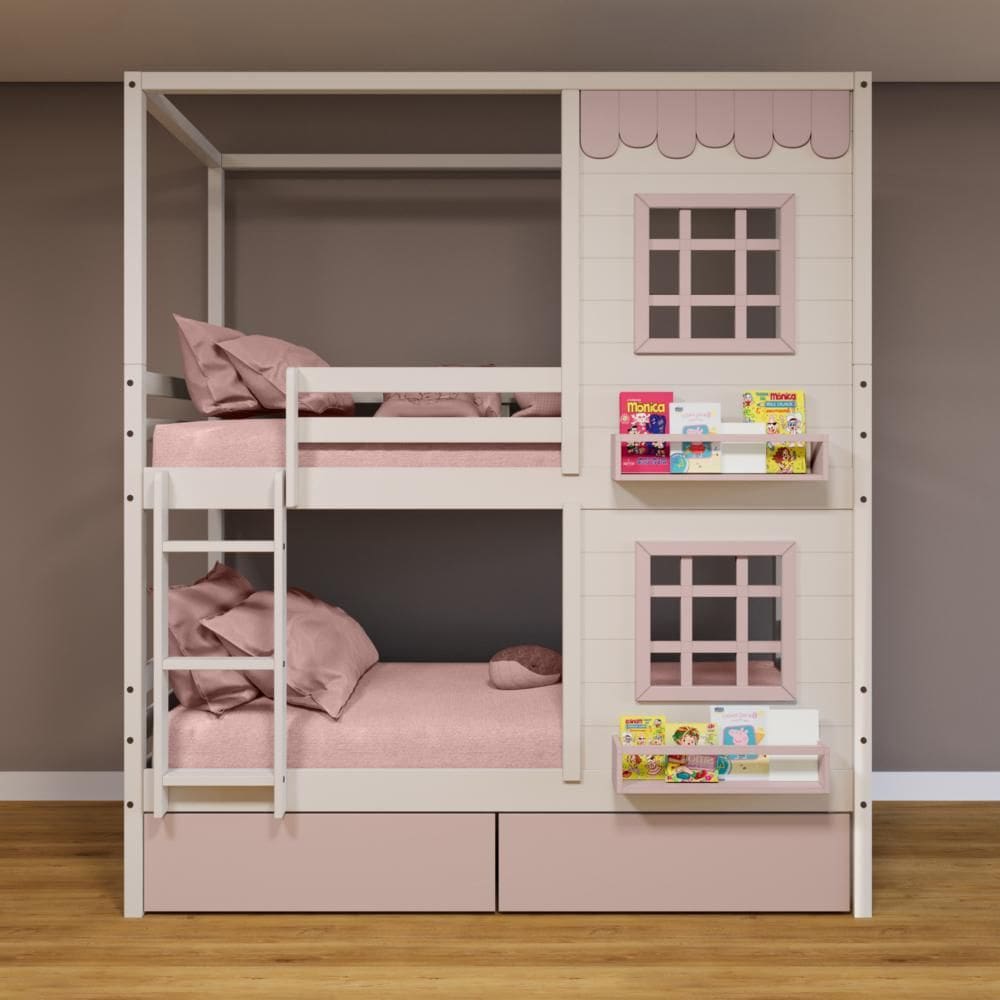 Beliche Casinha Reta 02 Janelas e 02 Gavetas Rosa Madeira Maciça Branco/ Rosa Housin