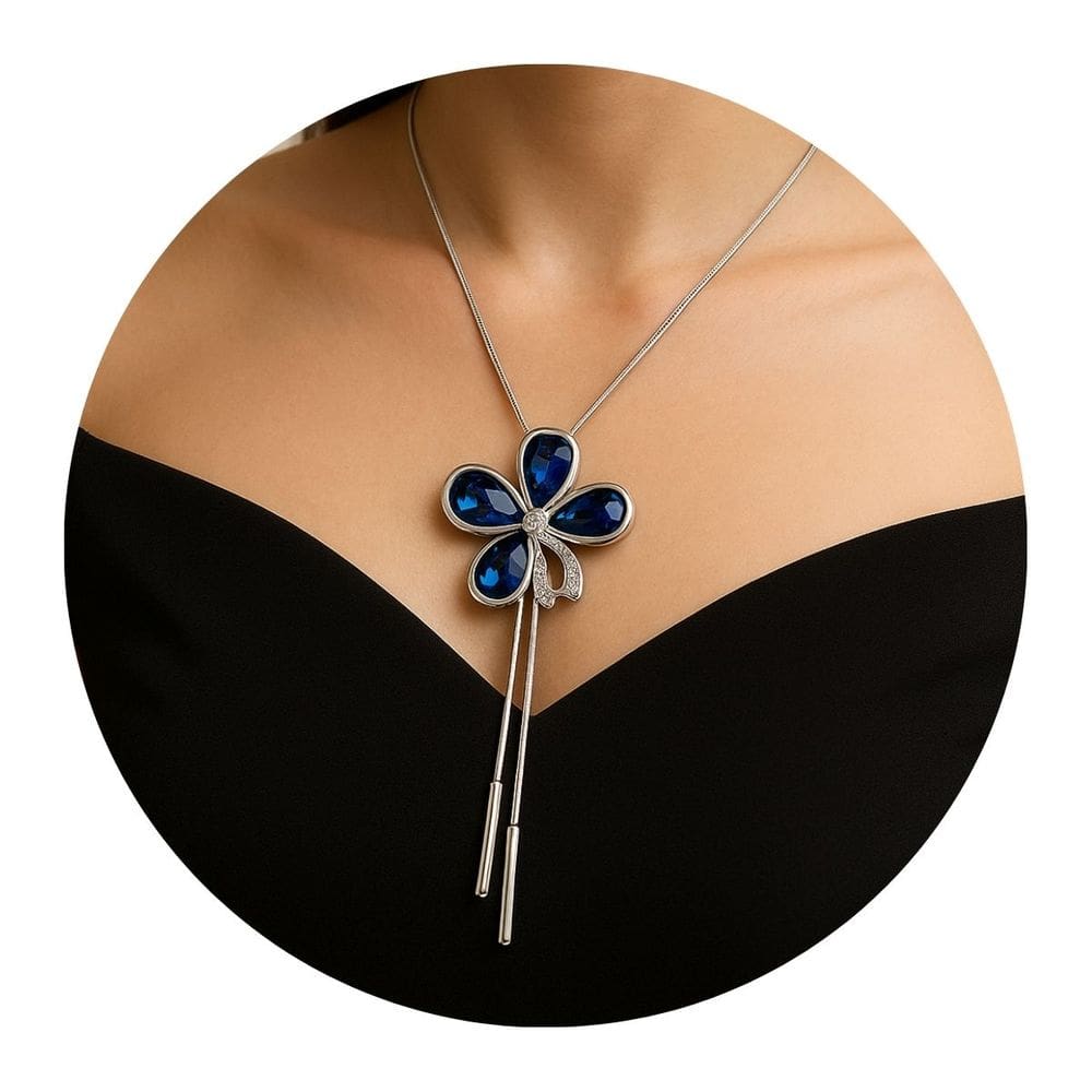 Colar Longo Flor Prata com Cristais Azuis Feminino Luxo