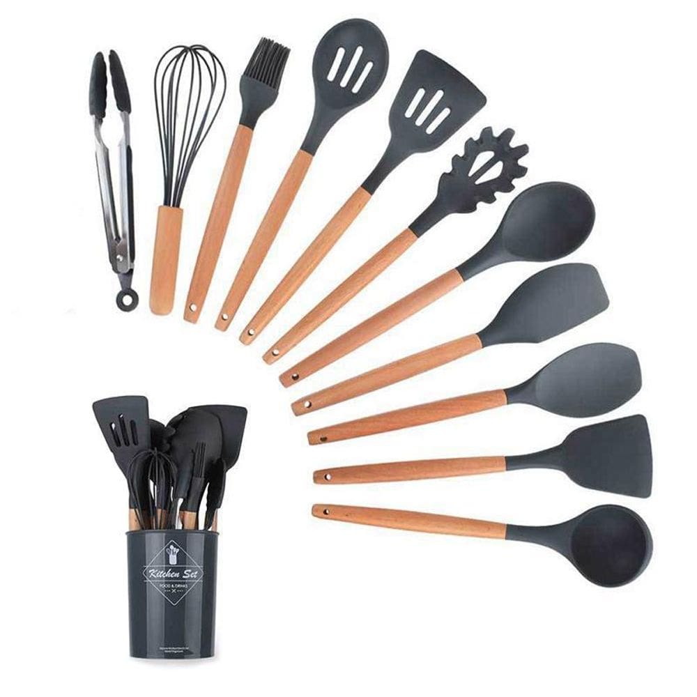 Kit 12 Utensílios Cozinha Silicone Cabo Madeira - Preto