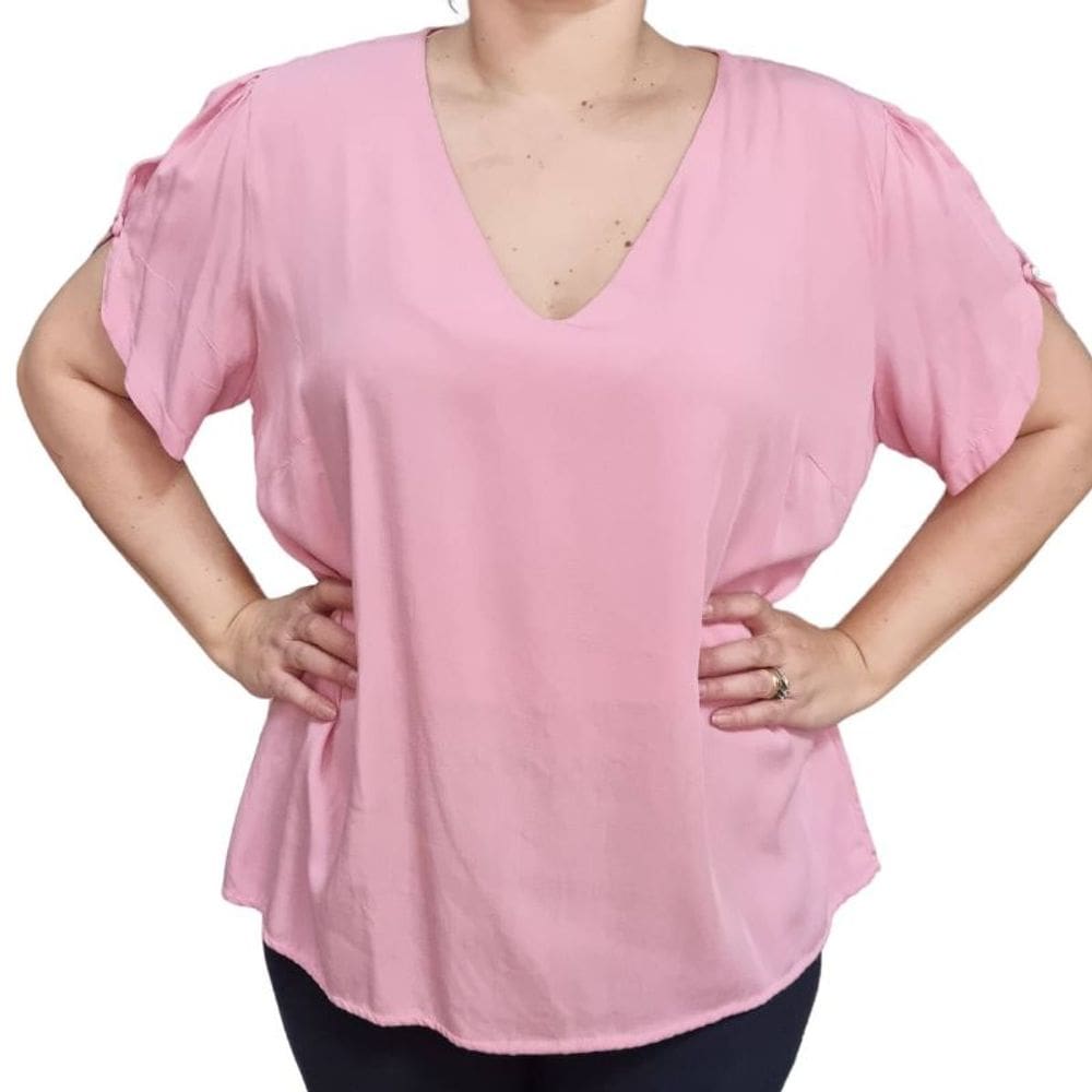 Blusa Feminina Rosa Manga Curta Plus Size