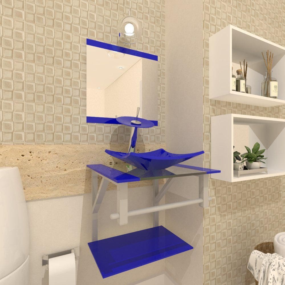 Gabinete De Vidro Banheiro 40Cm Torneira Cascata Azul Escuro