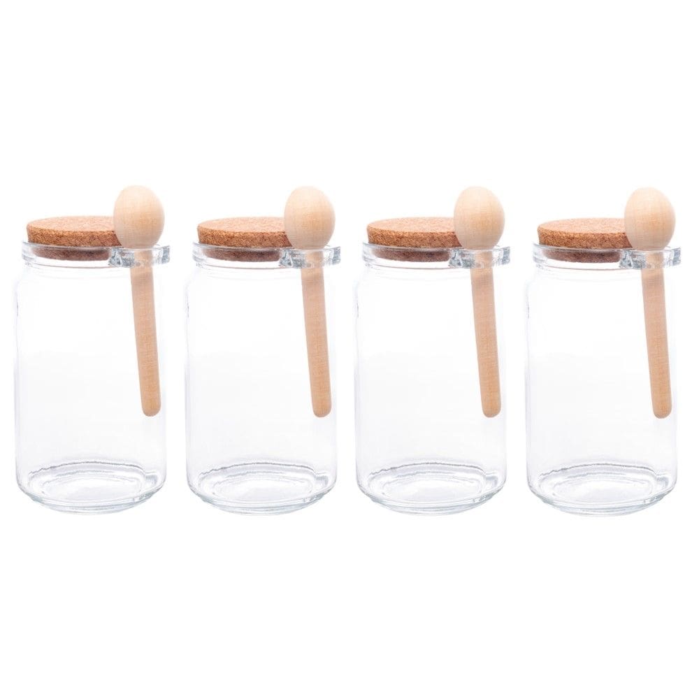 Kit 4 Porta Temperos Redondo 650 ml Vidro com Colher de Bambu e Tampa Rolha Lyor