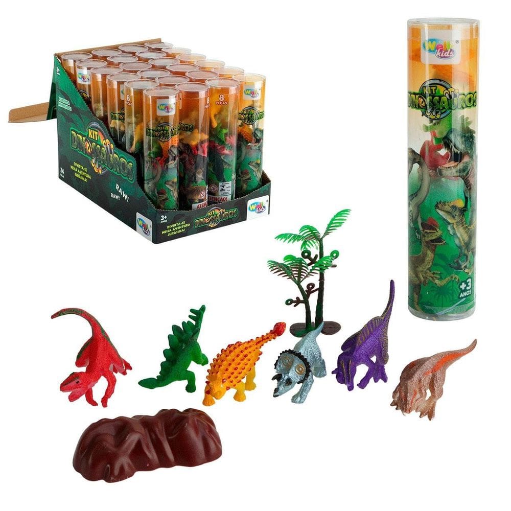 KIT Animais de Plástico 08 Peças Dinossauro Tubo - Tudo em Caixa