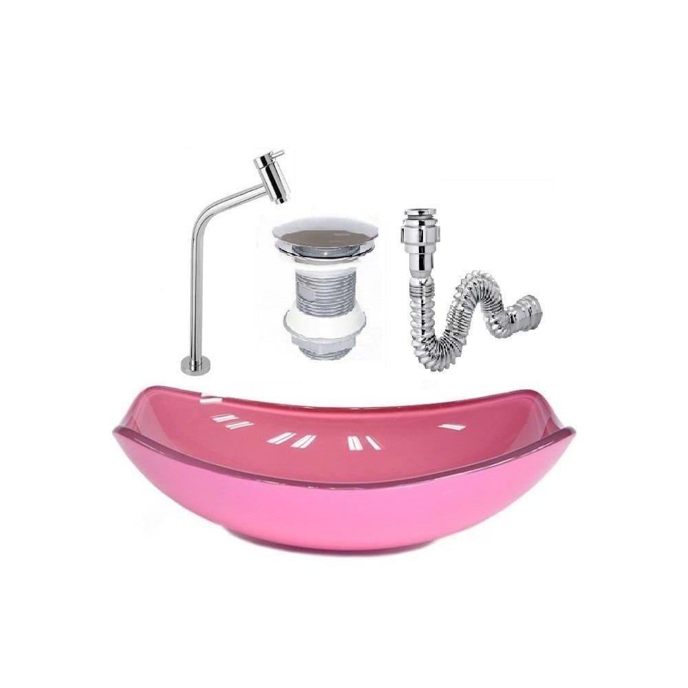 Cuba Vidro Chanfrada 46Cm Rosa + Valvula + Torneira + Sifao