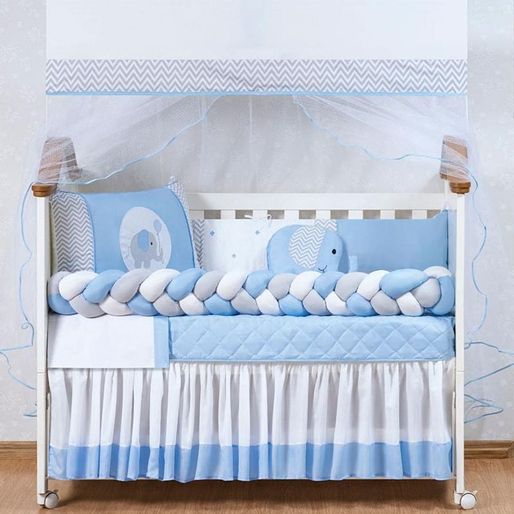 Kit de Berço Elefante Trança Azul 13 Peças 100% Algodão