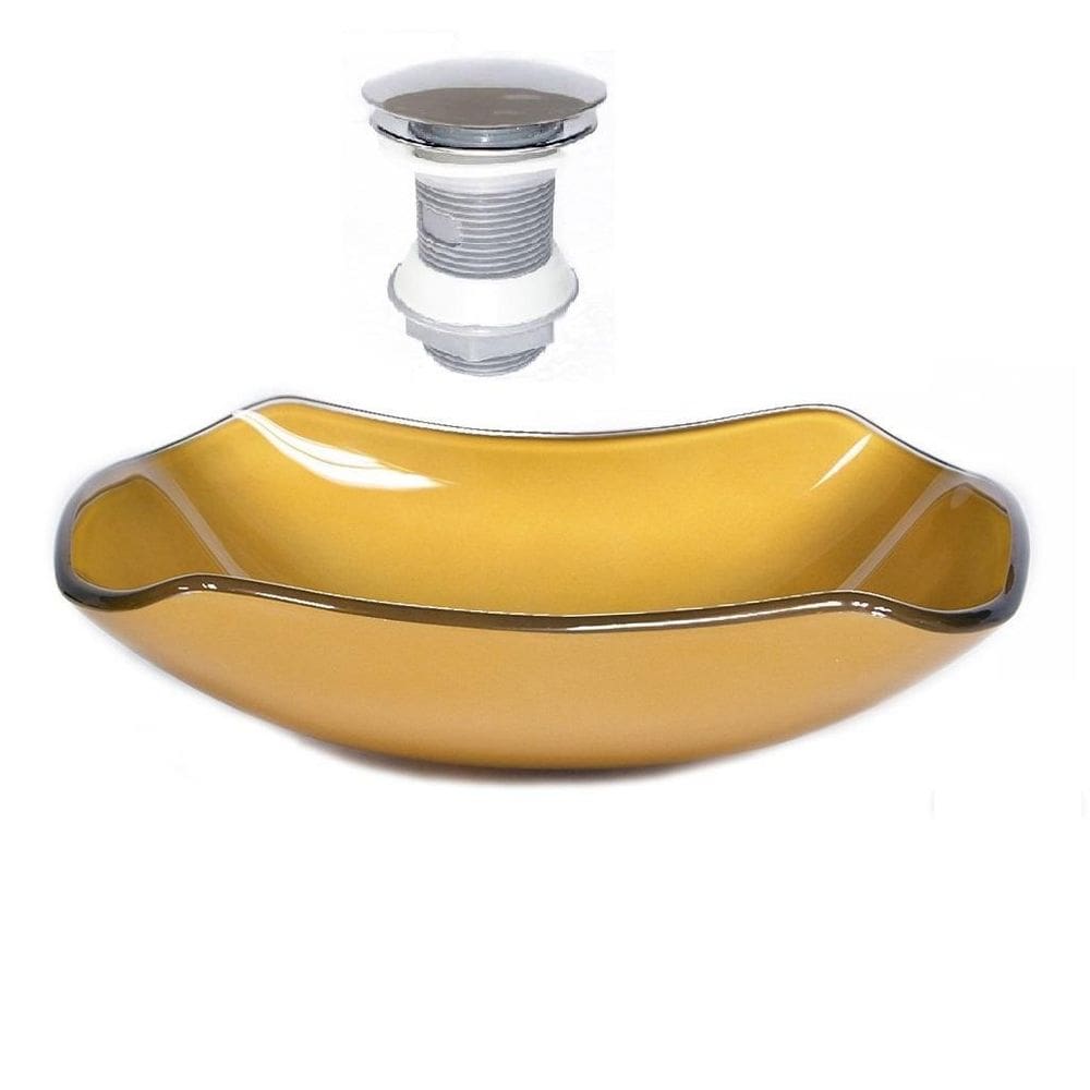 Cuba De Vidro Abaulada 45Cm Dourado Real + Valvula Click