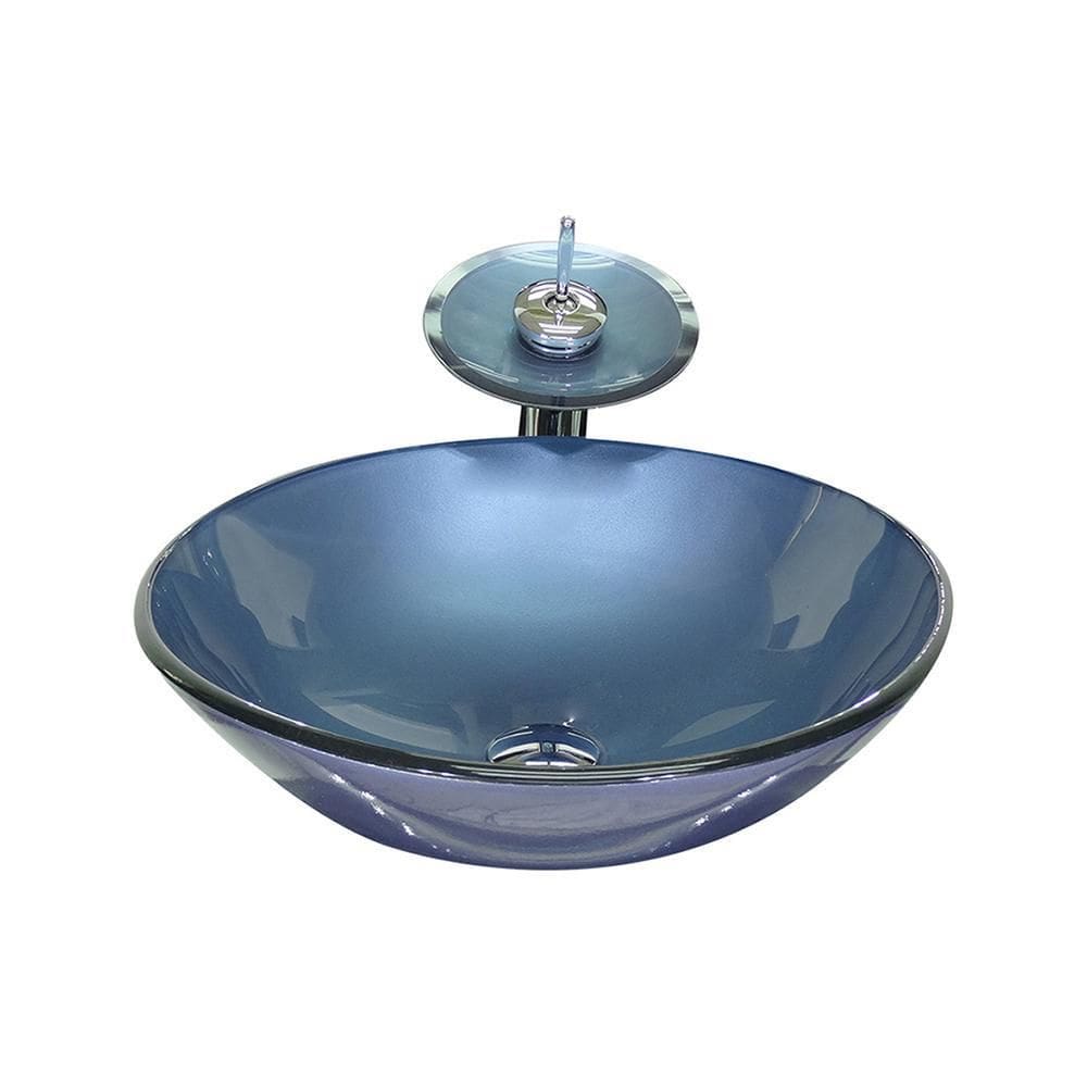 Cuba De Vidro Redonda 31Cm Azul + Valvula + Torneira Cascata