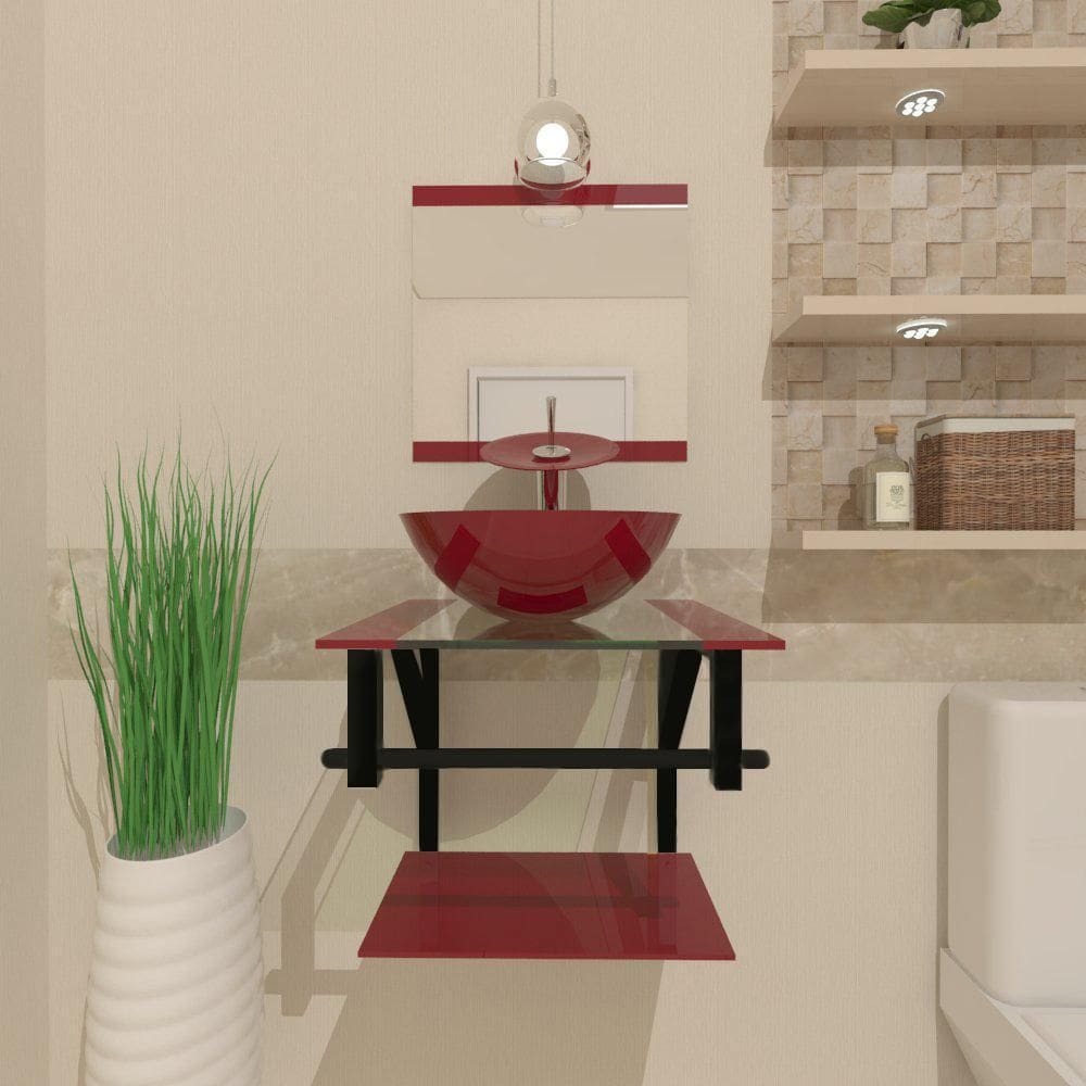 Gabinete De Vidro 40Cm Ap Com Cuba Redonda - Vermelho Cereja