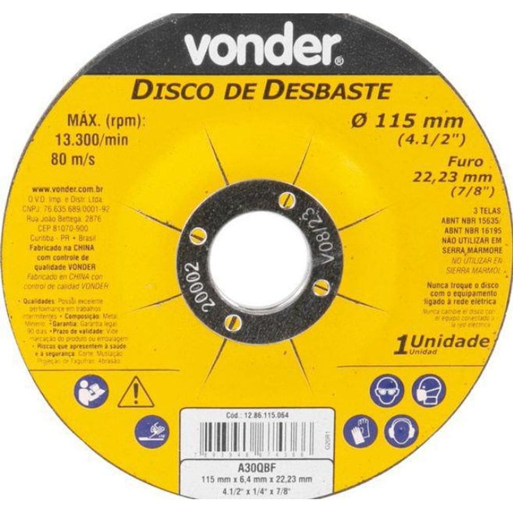 Disco De Desbaste 115 Mm X 6,4 Mm X 22,23 Mm - Vonder