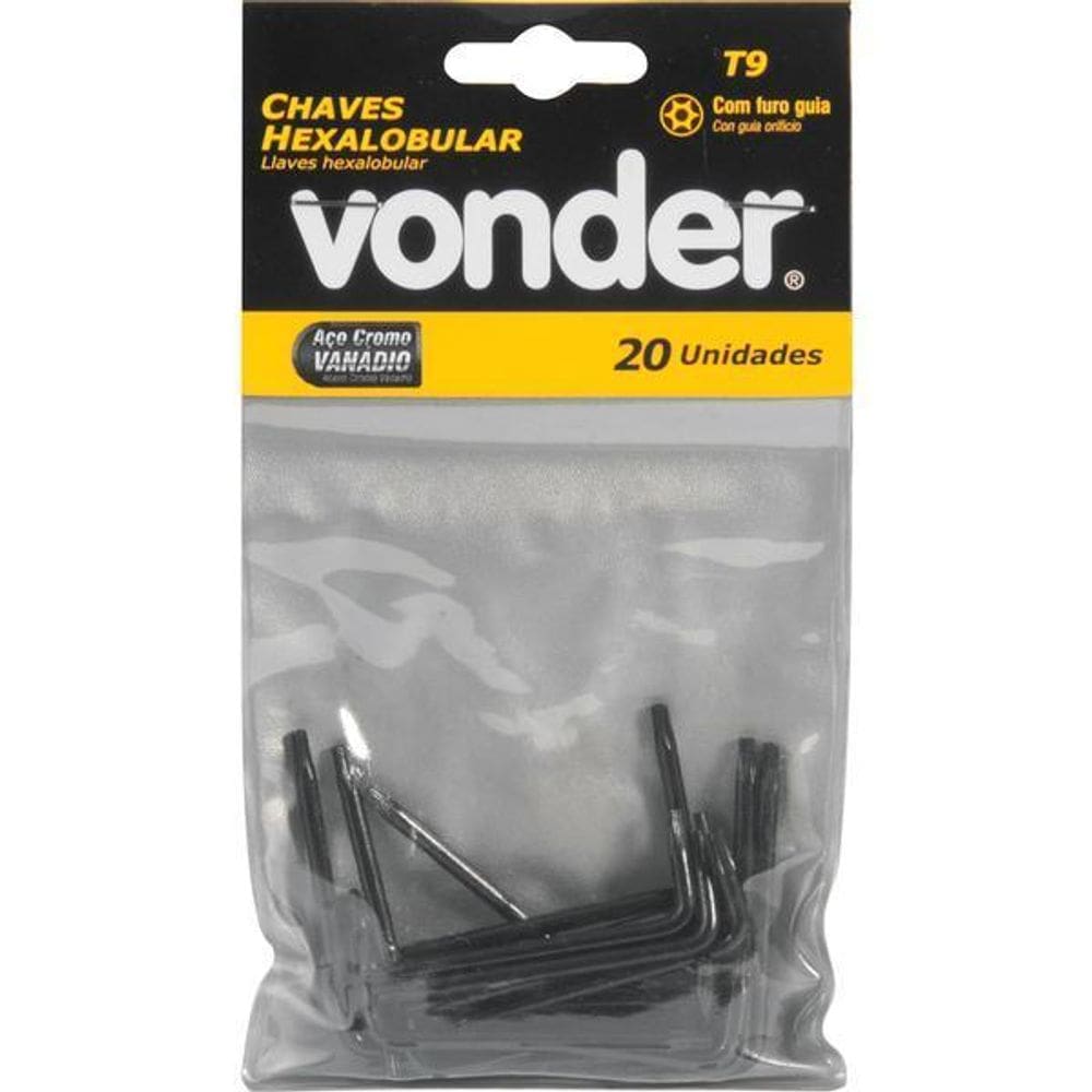 Chave Hexalobular T09 Com Furo Guia Crv Com 20 Peças Vonder