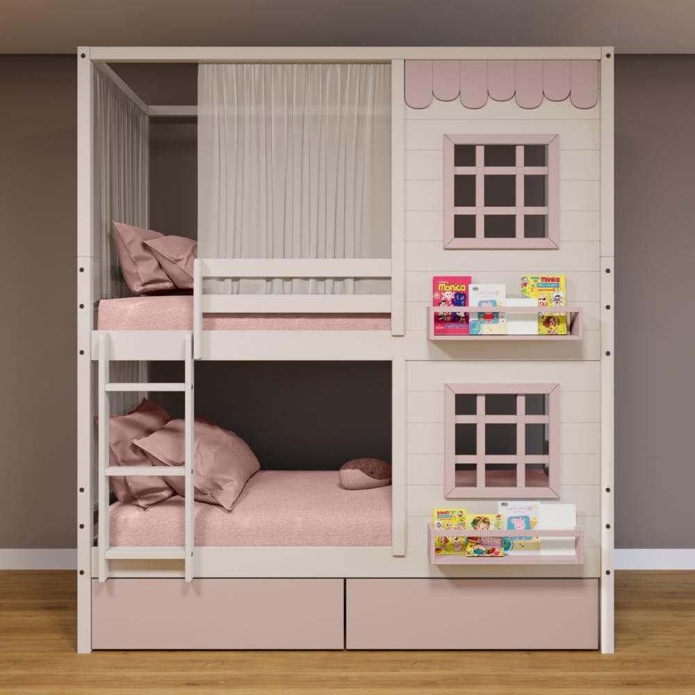 Beliche Casinha Reta 02 Janelas 02 Gavetas Rosa e Cortina Madeira Maciça Branco/ Rosa Housin