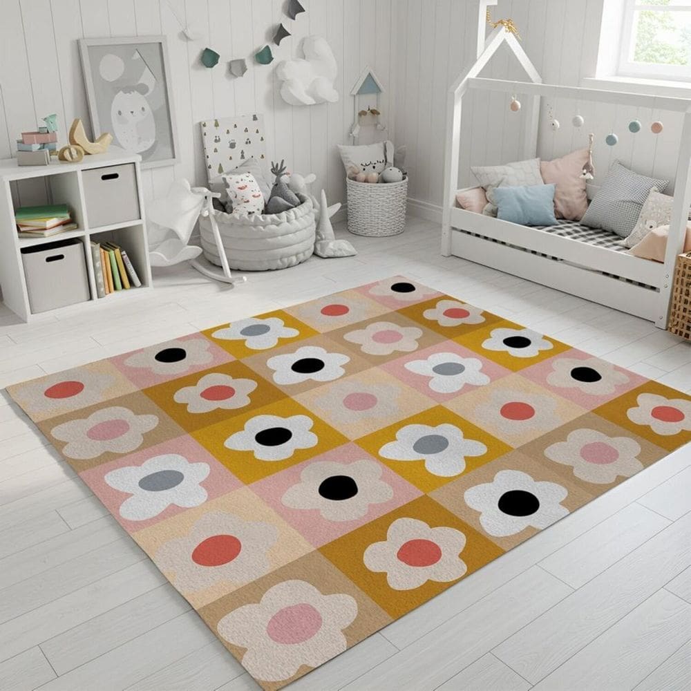 Tapete 140cm X 140cm Floral Antiderrapantes Kids Colorido