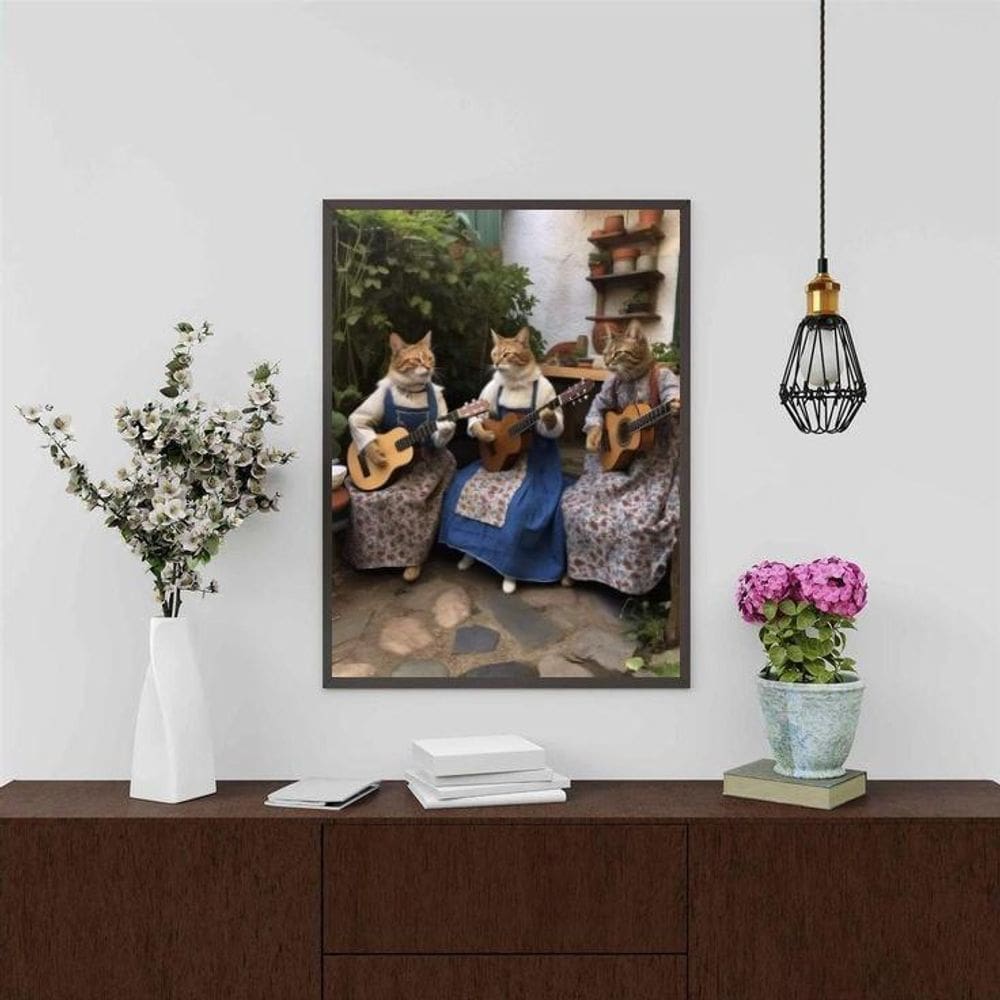 Quadro Gatinhas Tocando Violão 33X24Cm - Com Vidro
