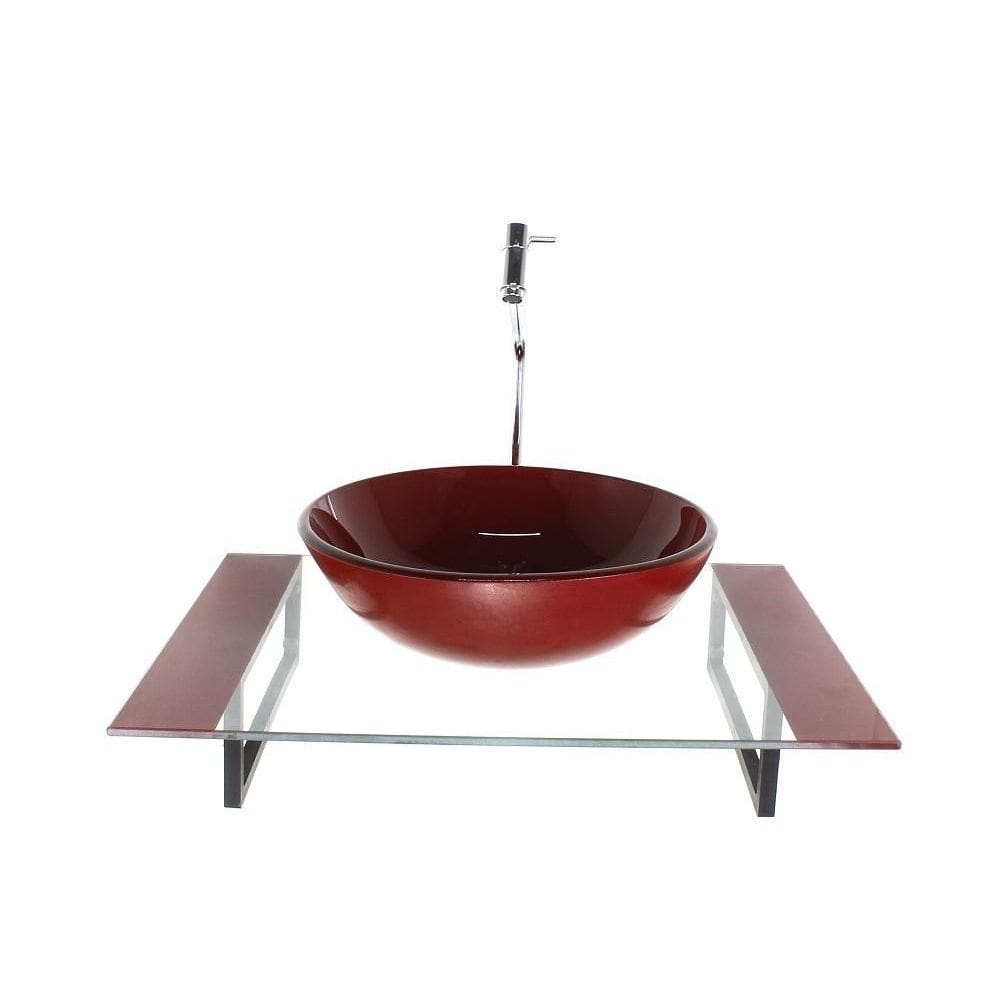 Kit Cuba Vidro Redonda Tampo 60Cm Vermelho Cereja E Suporte