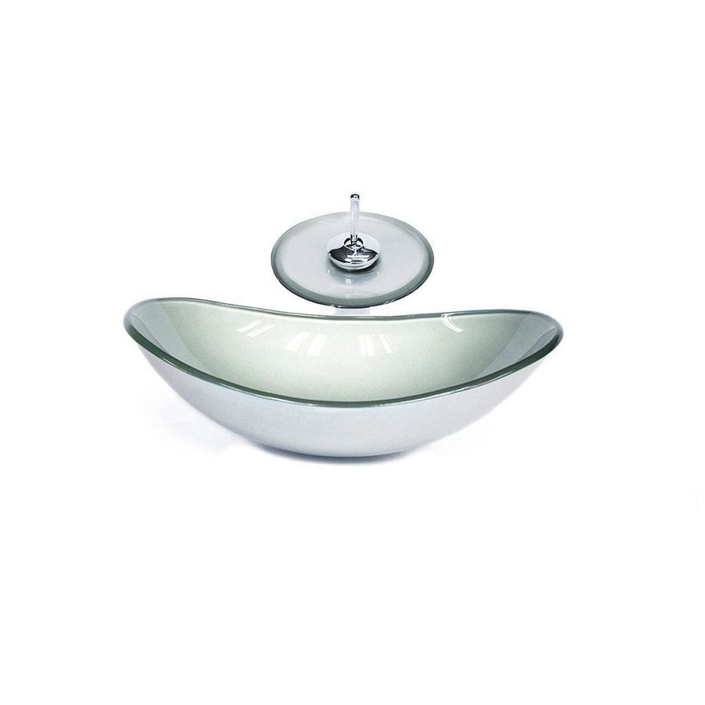 Cuba De Vidro Oval 47Cm Prata + Valvula + Torneira Cascata