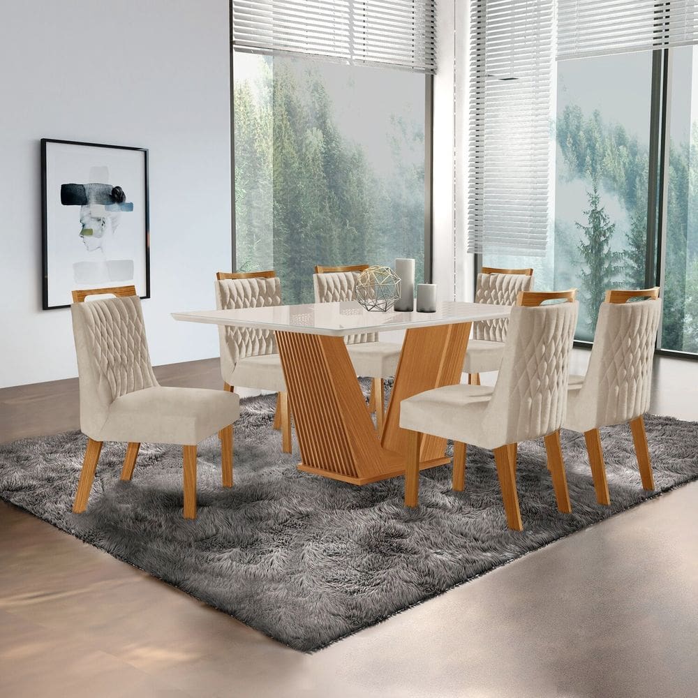 Conjunto de Jantar Mesa Maia Tampo Mdf e Vidro com 6 Cadeiras Atena Castanho Cinamomo/Pena Bege/Off White