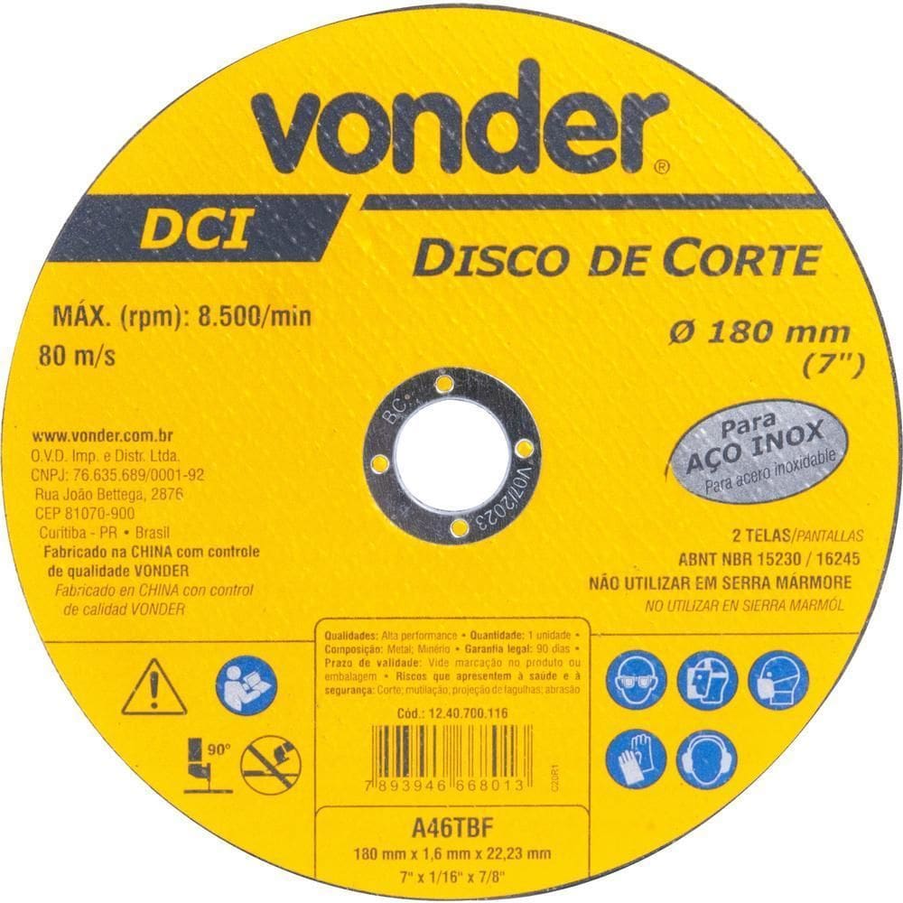 Disco De Corte 180 Mm X 1,6 Mm X 22,23 Mm Dci Inox Vonder
