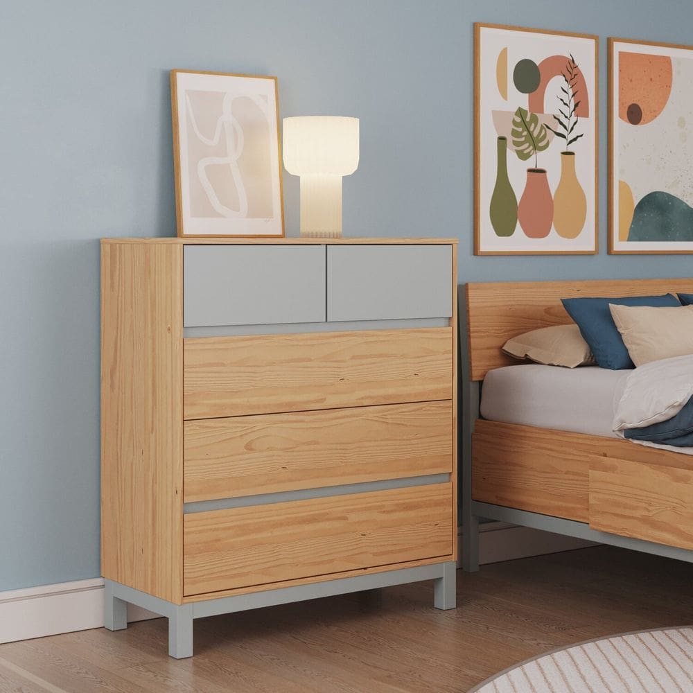 Cômoda 5 Gavetas 101,2cm X 116cm Square Natural Pine/Cool Grey