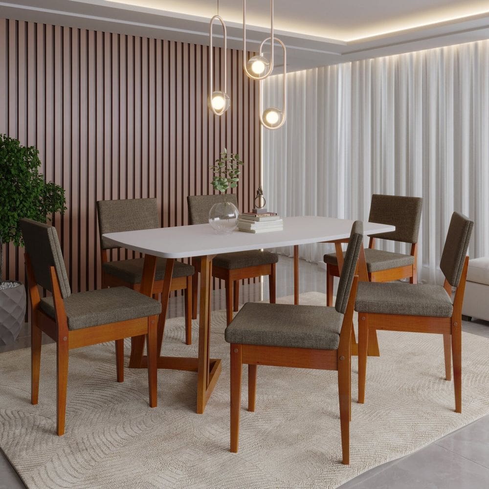 Conjunto para Sala de Jantar Tampo Oval 170cm com 6 Cadeiras Madeira Maciça Miami Caramelo/Off White/Grafite