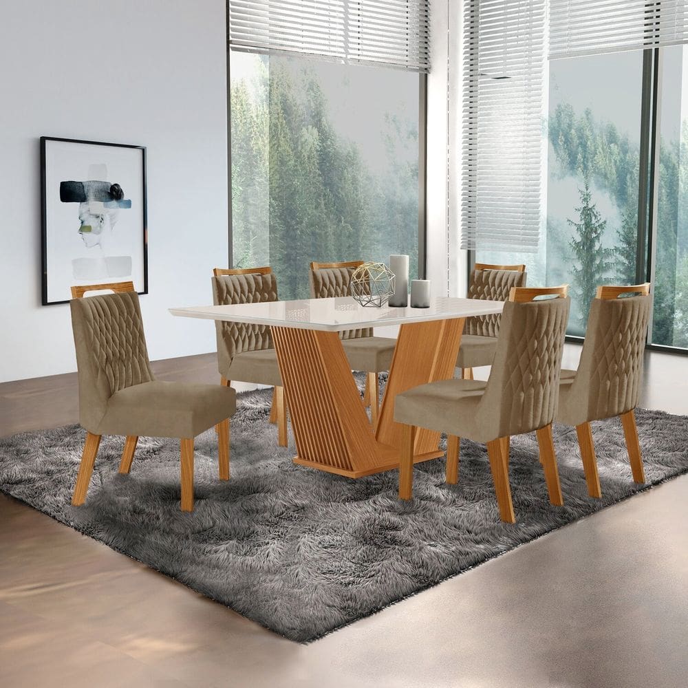 Conjunto de Jantar Mesa Maia Tampo Mdf e Vidro com 6 Cadeiras Atena Castanho Cinamomo/Pena Caramelo/Off White
