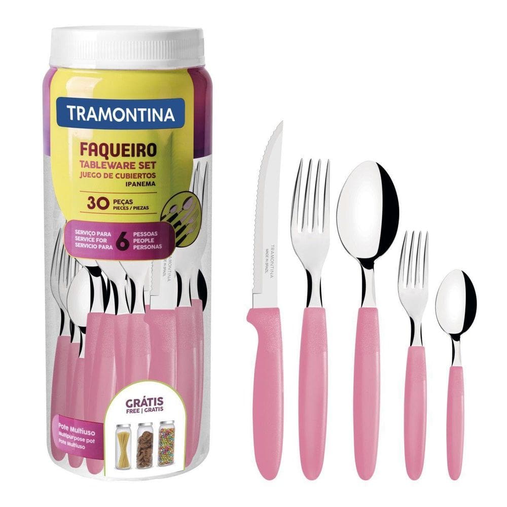 Faqueiro Tramontina Inox Com Pote Plástico Ipanema 30 Pç Rosa
