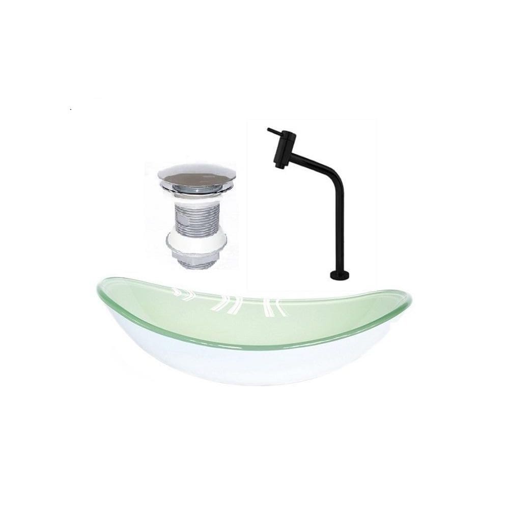 Cuba De Vidro Oval 47Cm Branca + Valvula + Torneira Preta