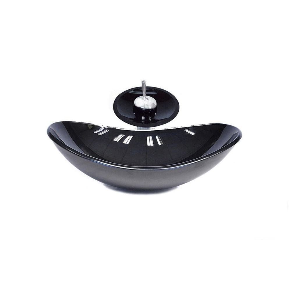 Cuba De Vidro Oval 55Cm Preta + Valvula + Torneira Cascata
