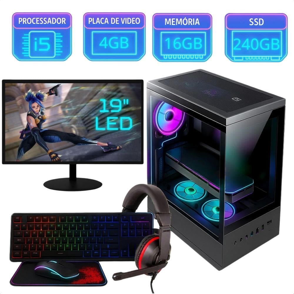 Pc Gamer Completo Intel I5 16Gb SSD 240Gb Placa de Video 4Gb Aquario Monitor 19