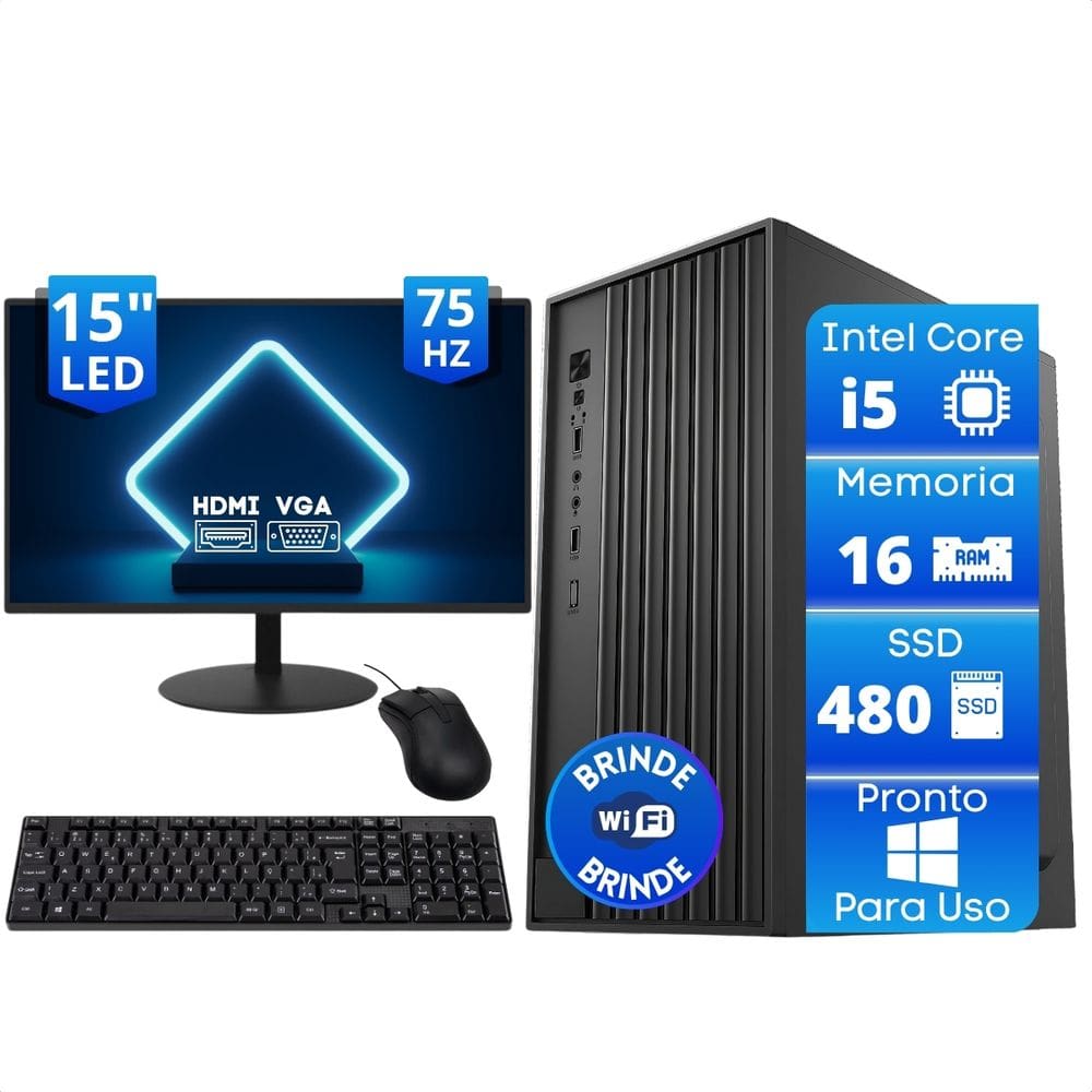 Computador Completo Intel Core i7 2ªG Memória 16GB SSD 480GB com Monitor 15” Mouse Teclado