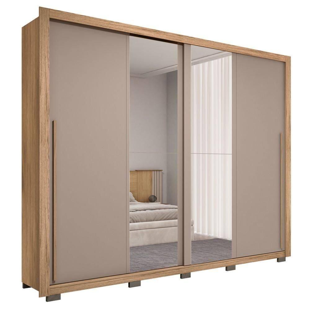 Guarda Roupa Casal 2 Portas De Correr Com Espelho Praticus Buriti/fendi - Caemmun