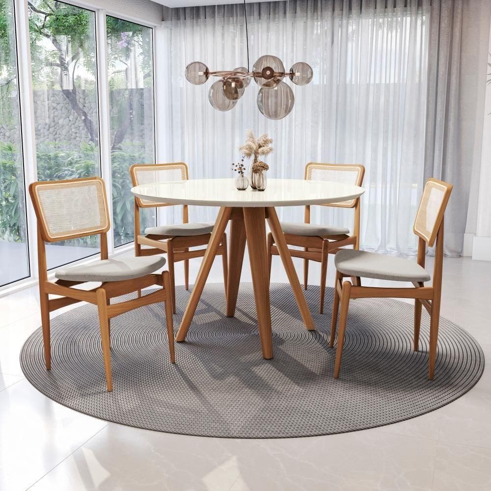 Conjunto Sala De Jantar Madeira Maciça 4 Cadeiras Kappesberg Off White Linho Caqui tela Bege
