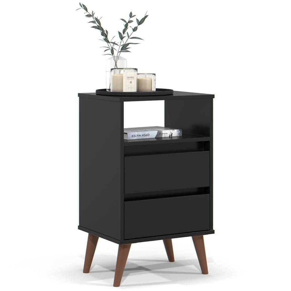 Mesa De Cabeceira Pés Retrô 2 Gavetas 43cm Roma Preto - Ej Móveis