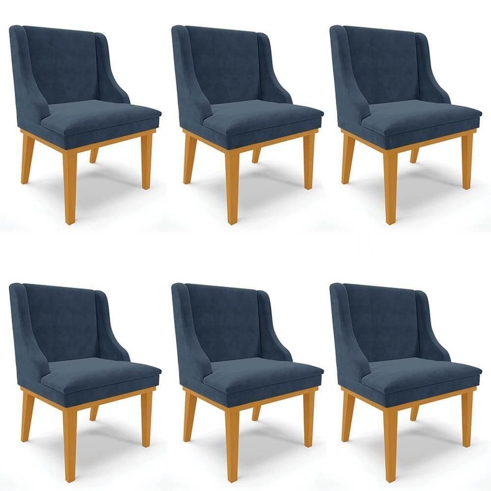 Kit 6 Cadeiras Estofadas Para Sala De Jantar Base Fixa De Madeira Castanho Lia Suede Azul Marinho - Ibiza